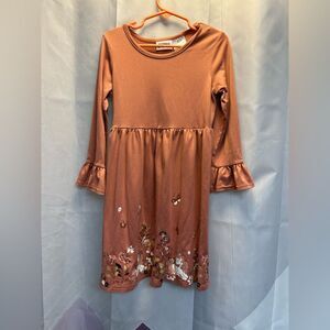 Blueberi Boulevard Copper Dress with Floral and Unicorn Accents